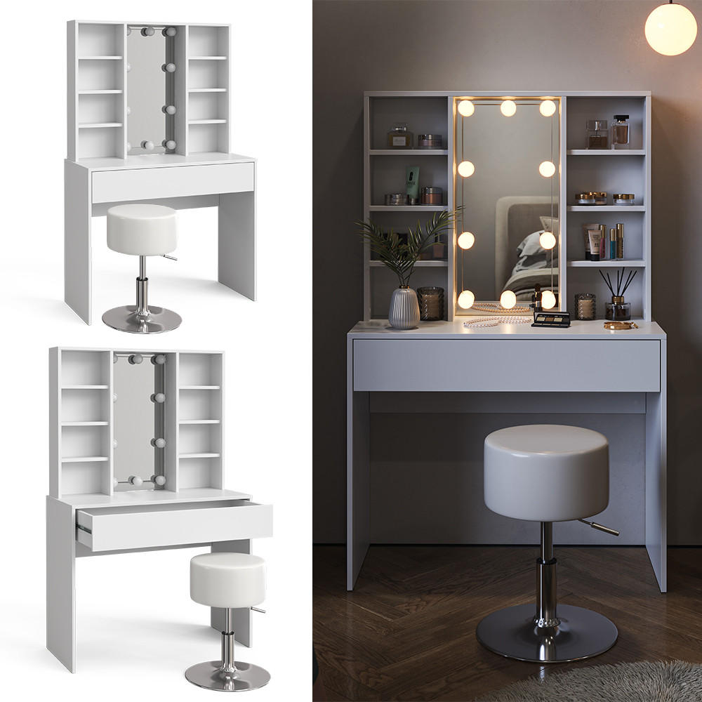 SCHMINKTISCH Alexa Weiß 93 cm mit LED Beleuchtung und Hocker - Weiß, Holzwerkstoff (93/147/40cm) - Vicco