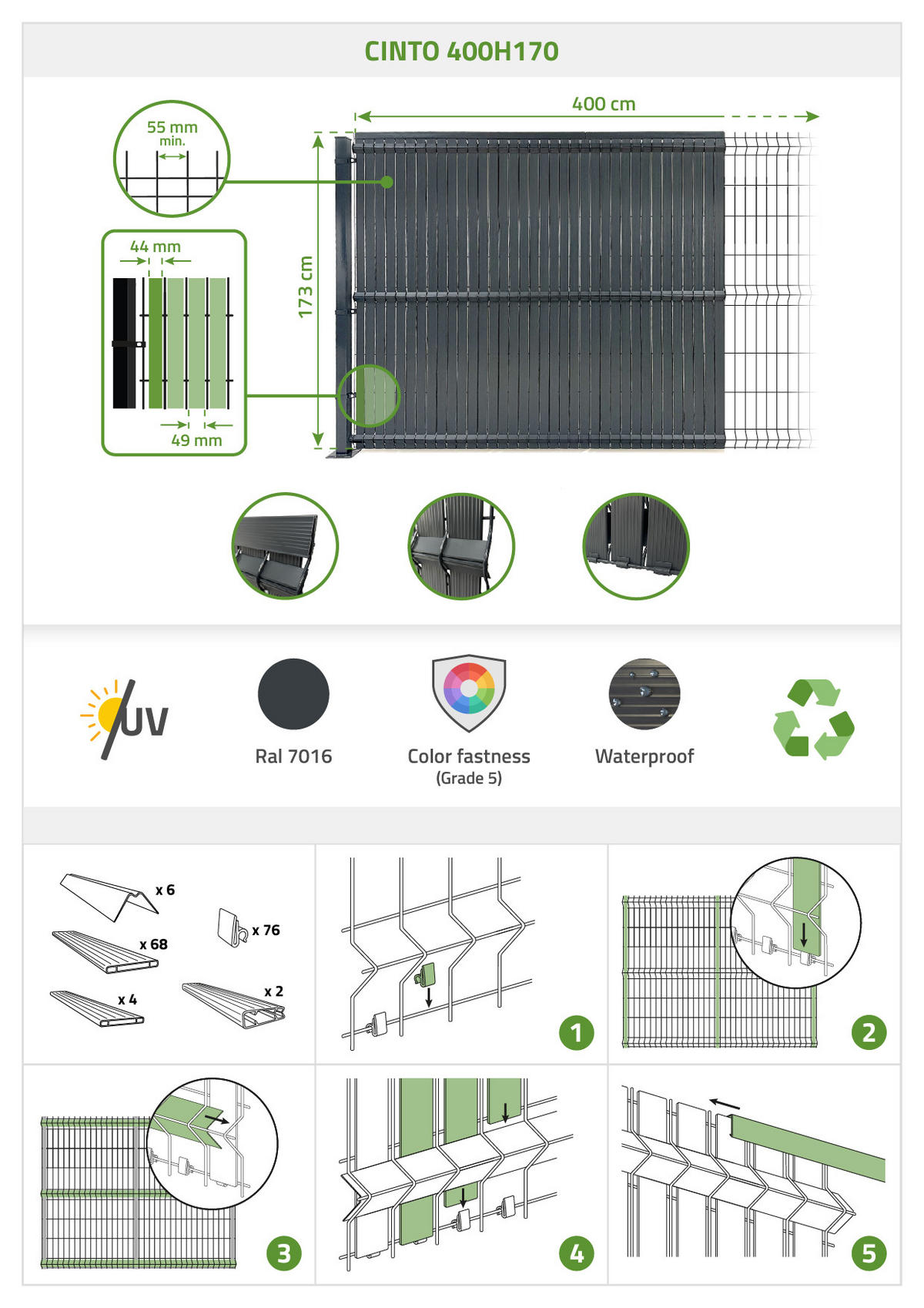 PVC-SICHTSCHUTZLAMELLEN-STEIF-SET Cinto grau 4m H.170cm - Mit clips und Endprofil - Grau, Kunststoff (400/173cm) - Casanoov
