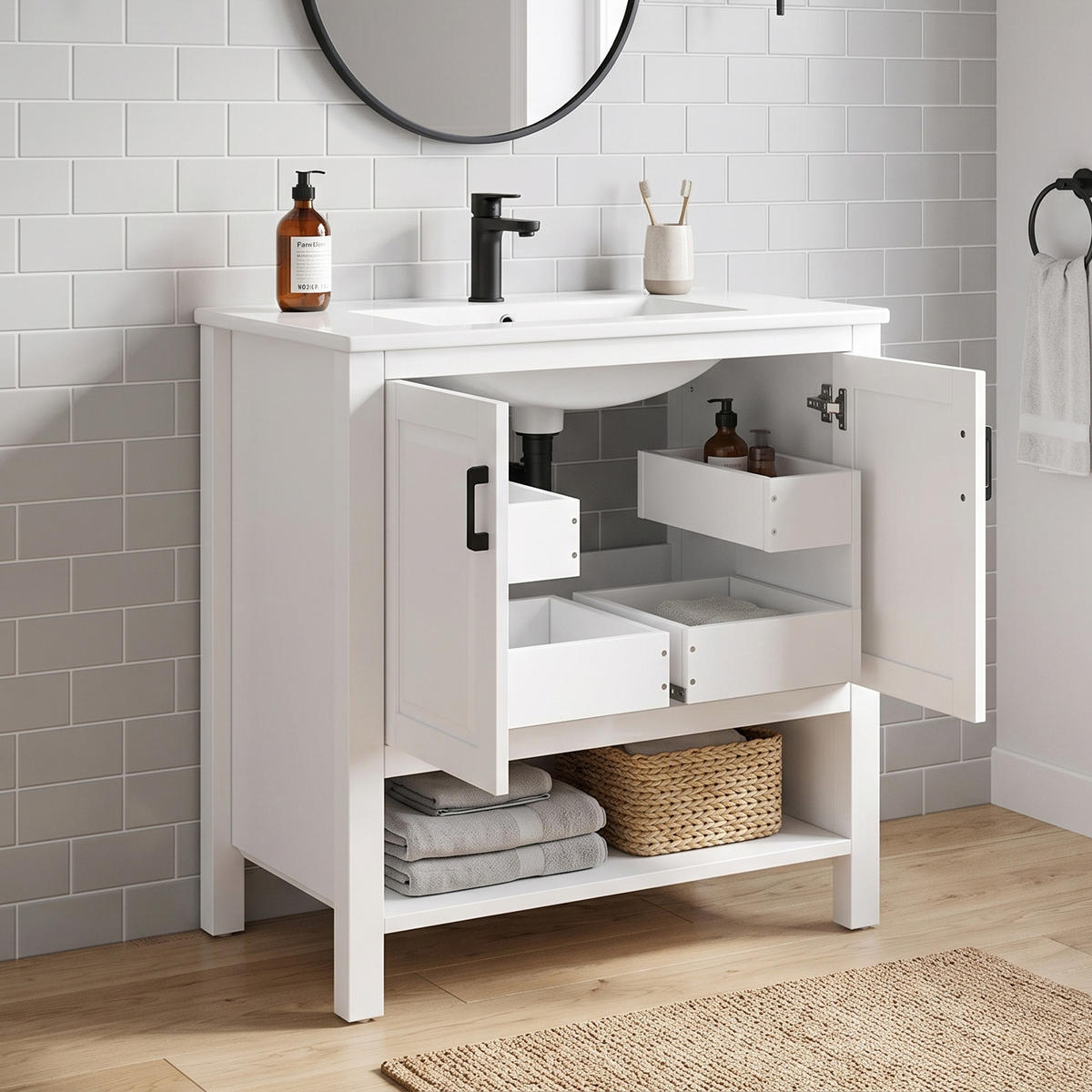 WASCHTISCH 76,5cm Keramikbecken Doppeltür & offene Regale Weiß - Weiß, Holzwerkstoff (76.5/83/47cm) - Urban Meuble