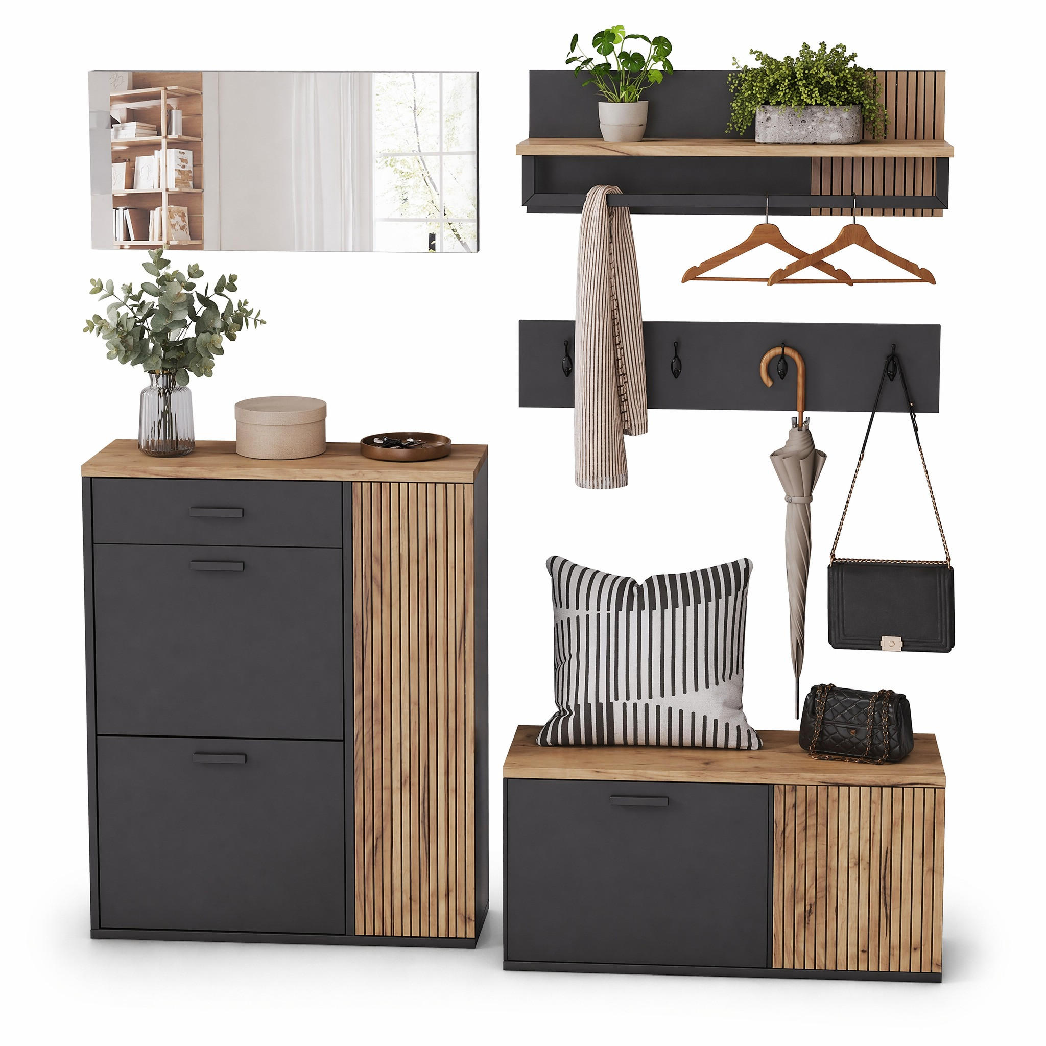 GARDEROBE-SET in Schwarz und Natur Schuhschrank mit Spiegel, Schuhbank & Haken für Flur, B85/T36/H85 cm - Naturfarben, Holzwerkstoff/Metall (85/85/36cm) - STILVORA
