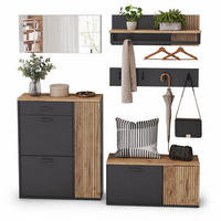 GARDEROBE-SET in Schwarz und Natur Schuhschrank mit Spiegel, Schuhbank & Haken für Flur, B85/T36/H85 cm - Schwarz/Naturfarben, Holzwerkstoff/Metall (85/85/36cm) - STILVORA