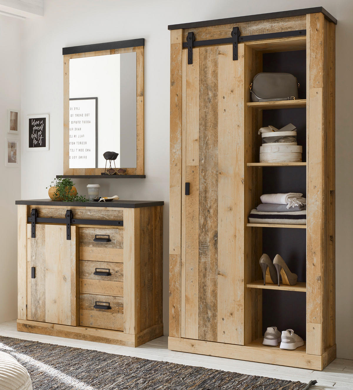 SCHUHSCHRANK Flurschrank Used Wood Vintage 93 x 201 cm - Anthrazit/Schwarz, Holzwerkstoff/Metall (93/201/38cm) - Furn.Design