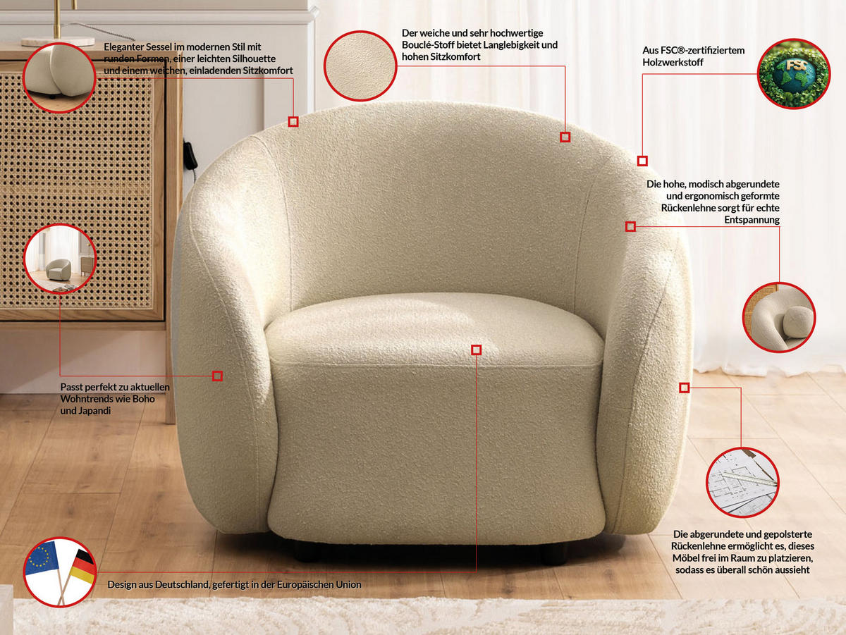 SESSEL Roundi Beige Bouclé - Beige/Schwarz, Holz/Kunststoff (90/76/80cm) - S-Style Möbel