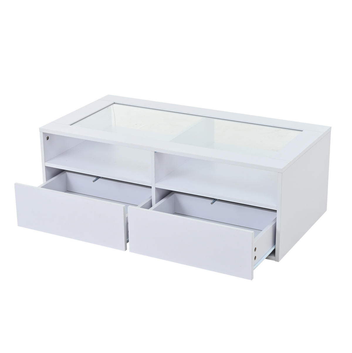 COUCHTISCH aus Glas und Spanplatte 100x50x35 cm in Weiß mit LED & 2 Schubladen - Weiß, Holzwerkstoff (100/50/35cm) - Modfu