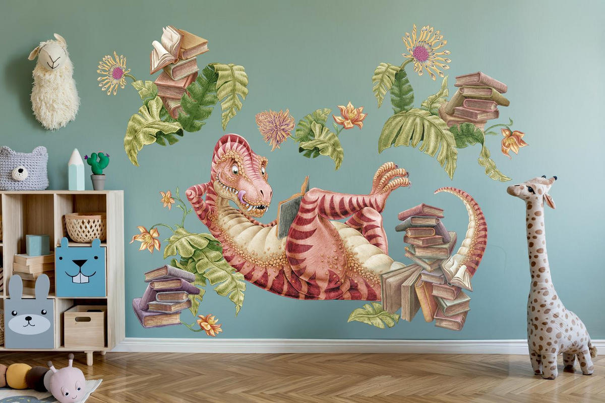 WANDAUFKLEBER 80x119cm - Dino der Leser - Multicolor, Kunststoff (80/119/0.1cm) - Wallfluent