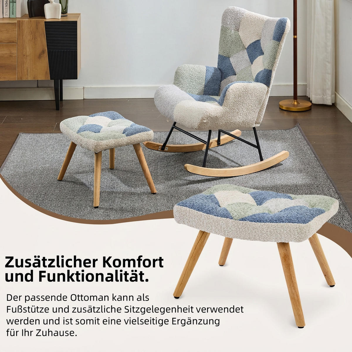 SCHAUKELSTUHL 84/68/91 cm Beige-Blau mit Fußhocker - Multicolor, Textil (68/91/122cm) - Oxeza