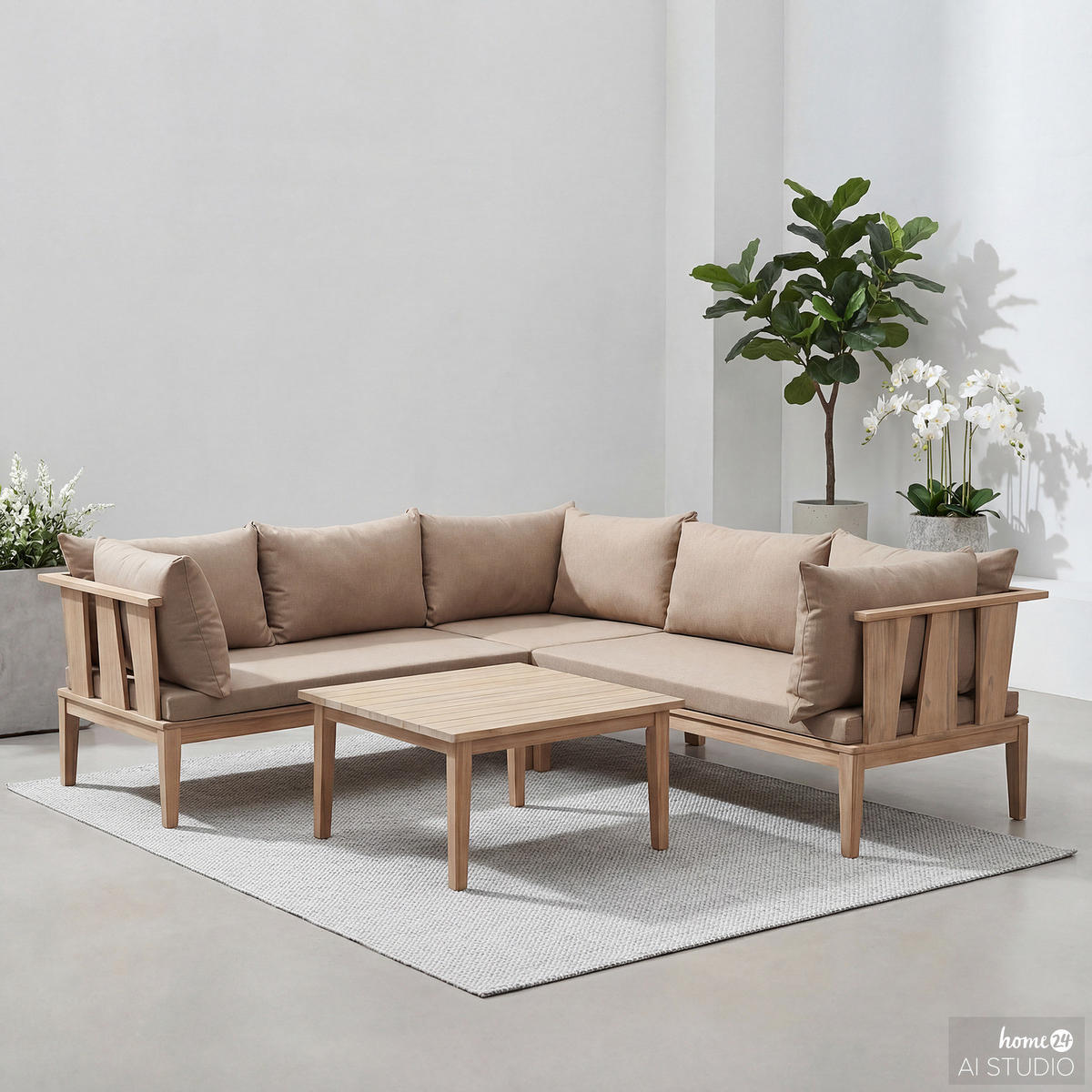 LOUNGESET - 4-teilig - Akazie massiv / Webstoff - Braun / Taupe - Taupe, Holz/Textil - home24