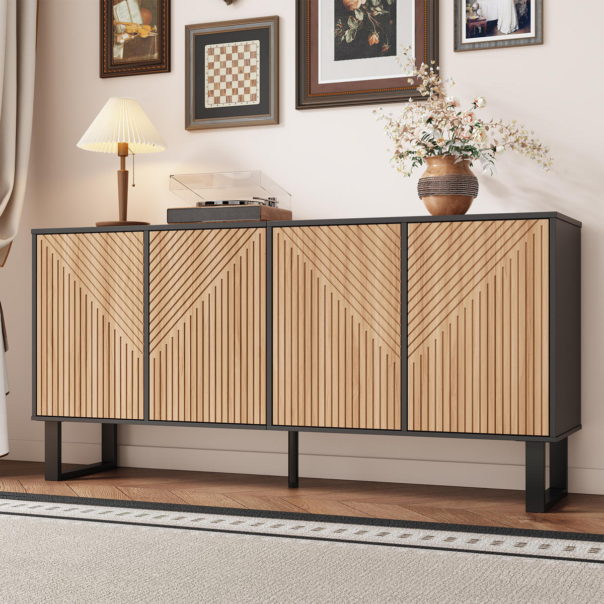 SIDEBOARD schwarz Holzoptik 3D Streifen - Naturfarben, Holz (160/75/38cm) - Fortuna Lai