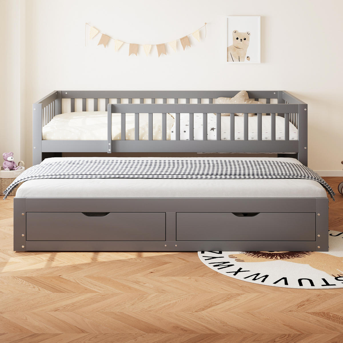 KINDERBETT aus Massivholz 90x200 cm in Grau mit Ausziehbett & 2 Schubladen - Grau, Holz (90/200cm) - Modfu