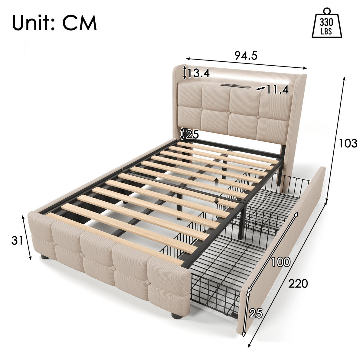 POLSTERBETT 90/200 cm mit USB, Steckdosen, LED-Beleuchtung, 2 Schubladen und Leinenbezug, Beige - Beige, Holz (90/90cm) - Redom