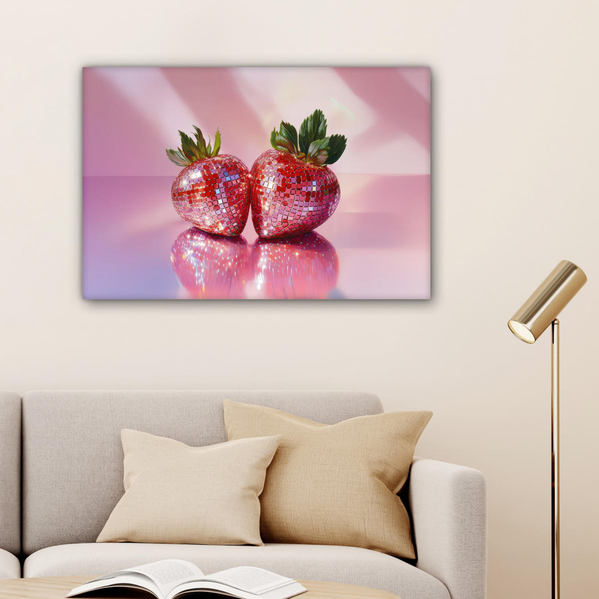 LEINWANDBILD Disco - Obst - Glitzer - Erdbeere Wanddeko 90x60 cm - Pink, Textil (90/60cm) - MuchoWow