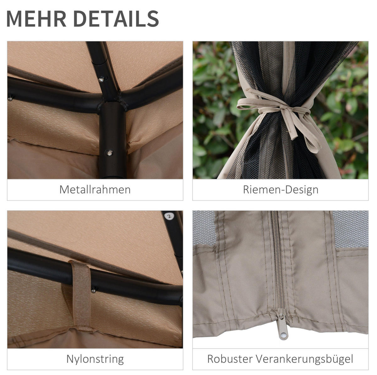 PAVILLON 294/294/265 cm mit Netz-Seitenwänden und Doppeldach, wetterbeständig, Grau - Grau, Textil (294/265/294cm) - Redom