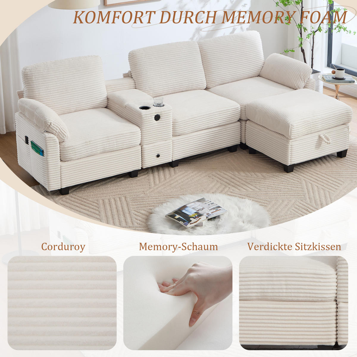 ECKSOFA Cord mit Memory Foam USB-Anschluss und Stauraum 266/136/82 cm Beige - Beige, Textil (136/82/266cm) - Redom