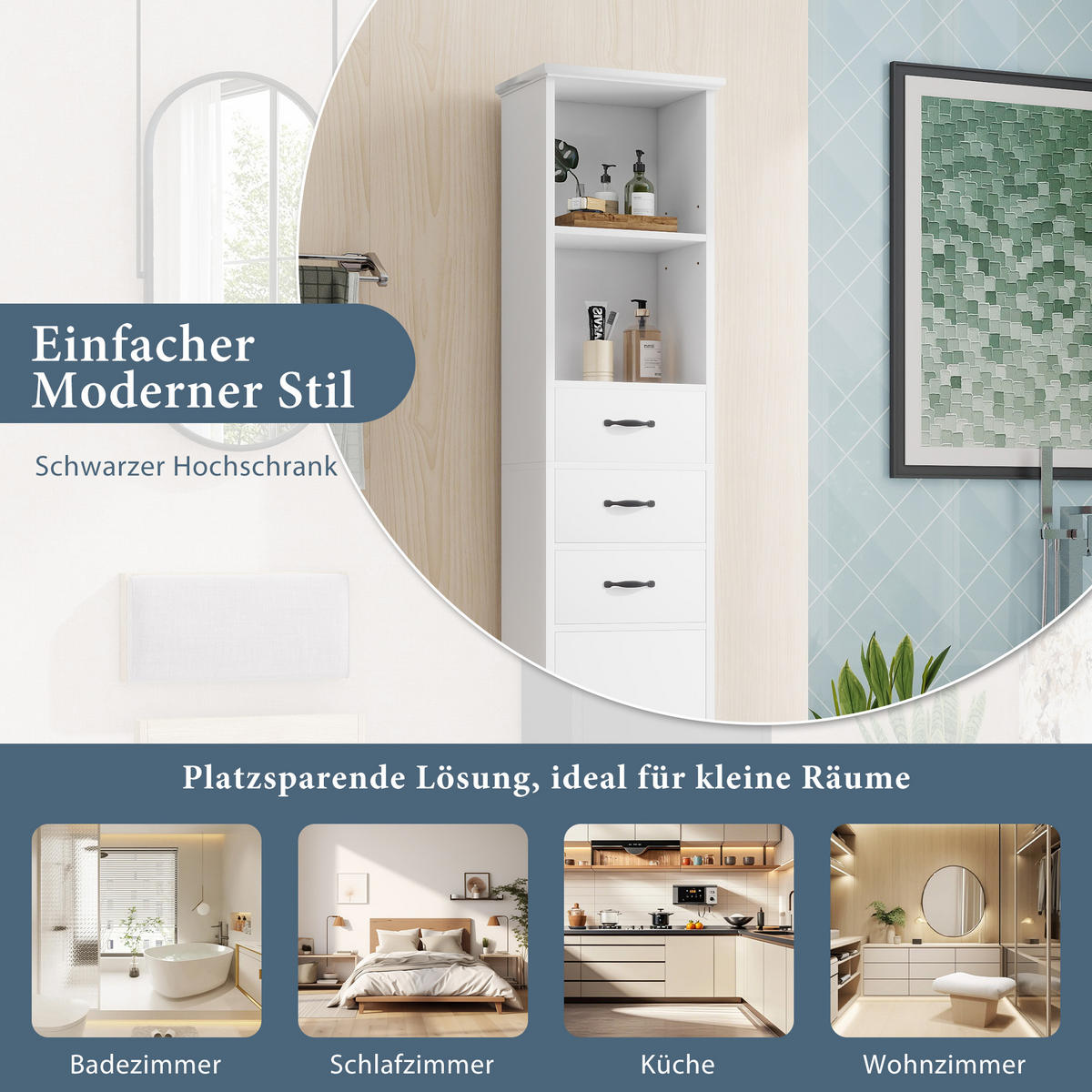 HOCHSCHRANK 38/26/172.5 cm Weiß mit 3 Schubladen und doppelte offene Regalböden - Schwarz/Weiß, Holz/Holzwerkstoff (26/172.5/38cm) - Oxeza