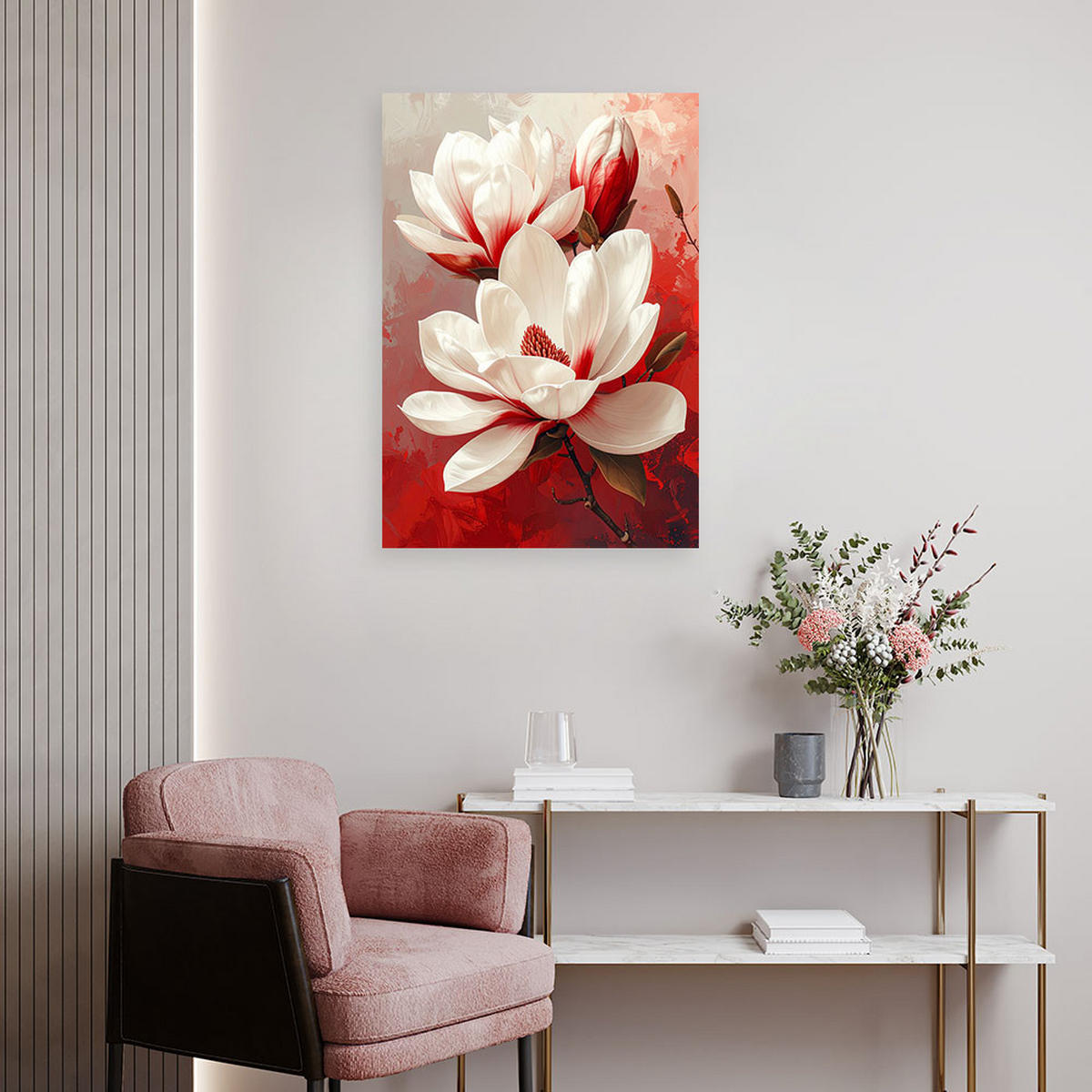 WANDBILD, Weiße Magnolien mit roten Akzenten auf hellem Hintergrund - Rot, Textil (40/60cm) - Feeby