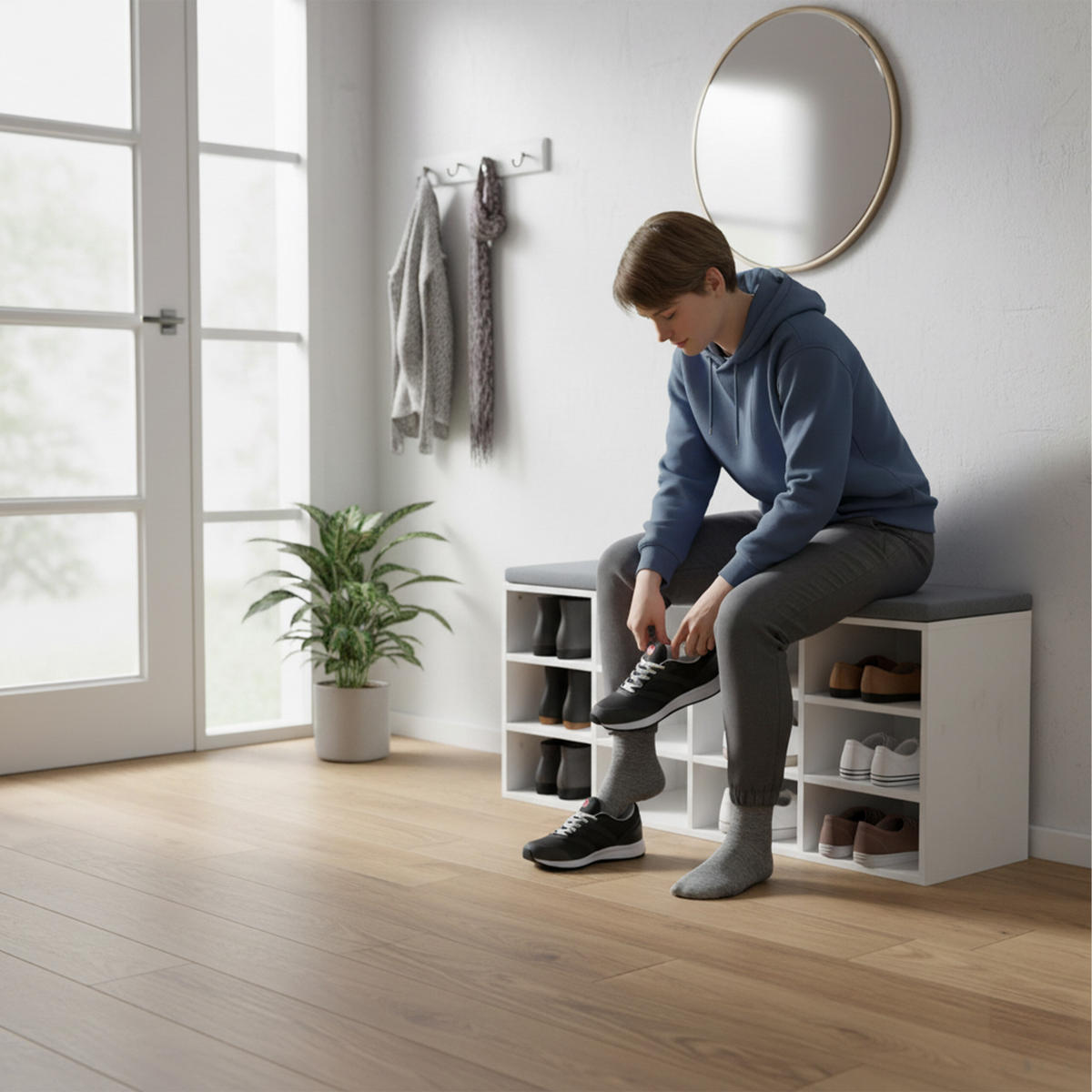 SCHUHBANK - Weiß, Holzwerkstoff/Textil (104/48/30.5cm) - Relaxdays