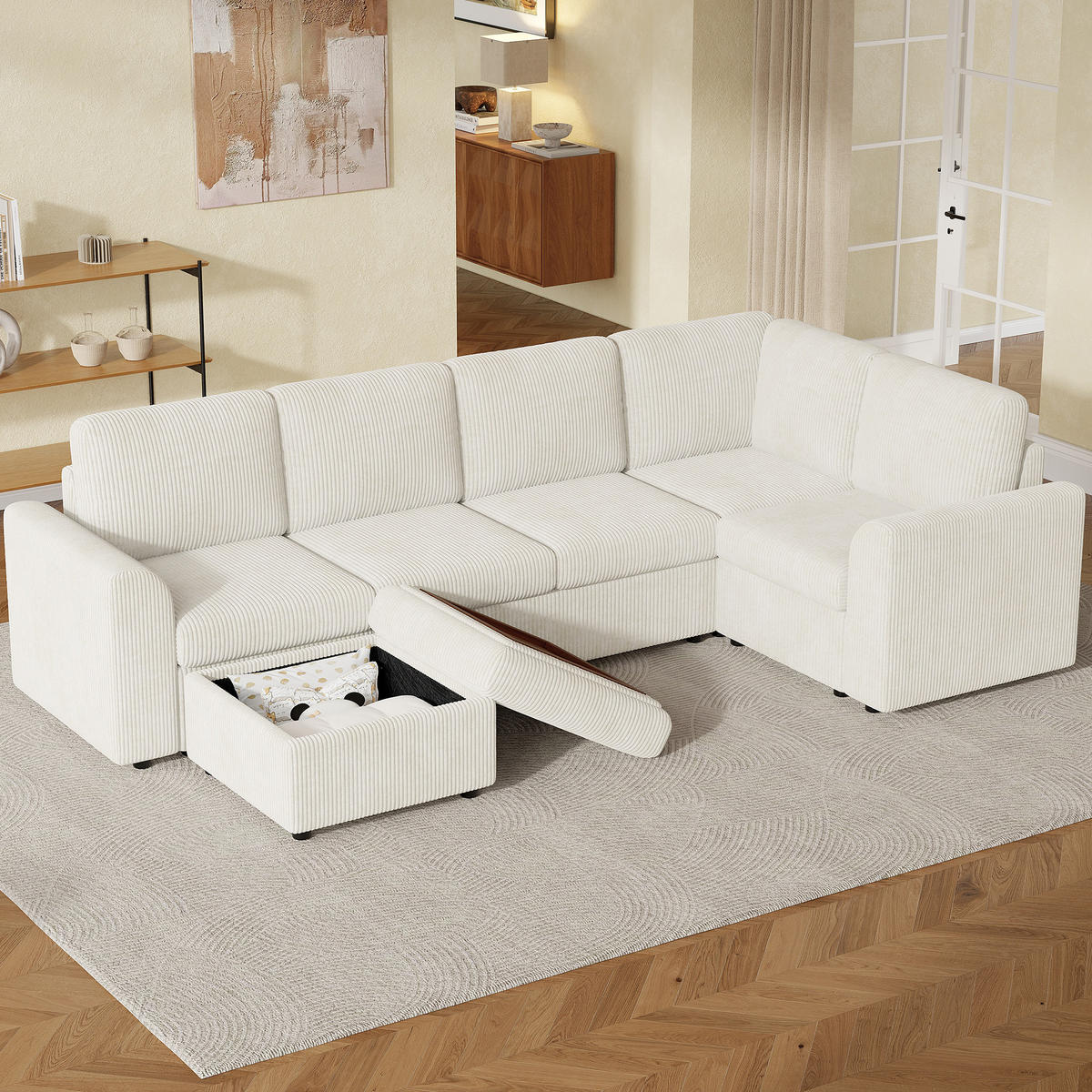 SOFA Beige L-Form Cord Ecksofa Hocker Schaumstoff 282cm - Beige, Textil (40/82/160cm) - FLIEKS