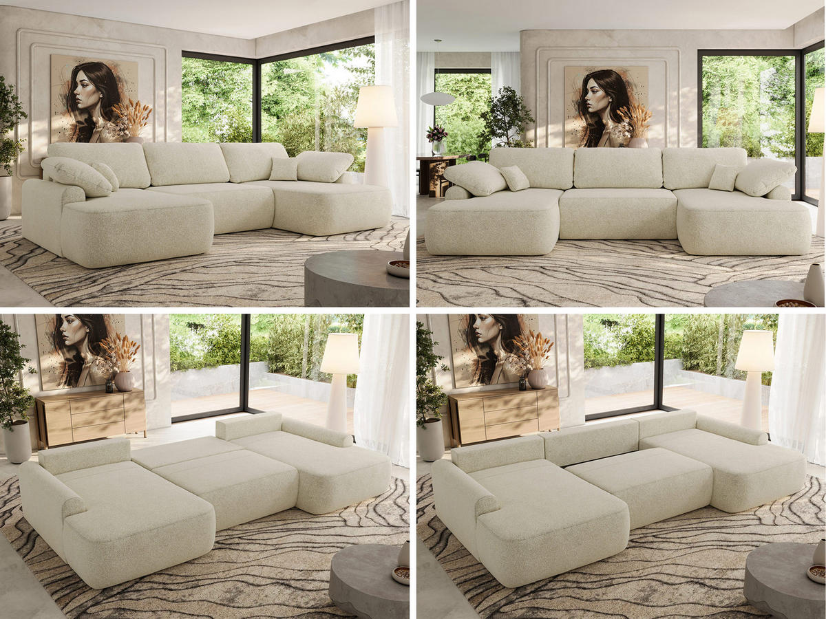 WOHNLANDSCHAFT CUBO U Creme Struktur - Creme/Schwarz, Kunststoff/Textil (370/100/187cm) - MKS