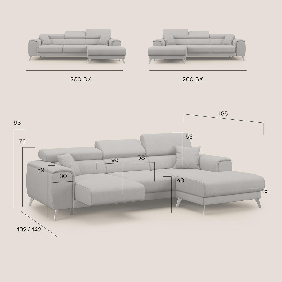 ECKSOFA RECHTS Fusion - Rot, Textil (260/102cm) - Divani.store