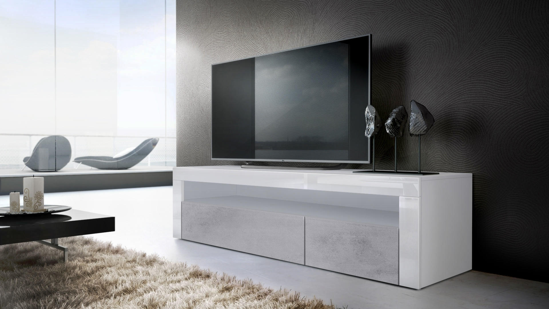 Thumbnail - Vladon Lowboard, Hellgrau, Weiß Hochglanz, Holzwerkstoff, 155x46x40 cm, Wohnzimmer, Wohnwände, Lowboards, Lowboards steh...