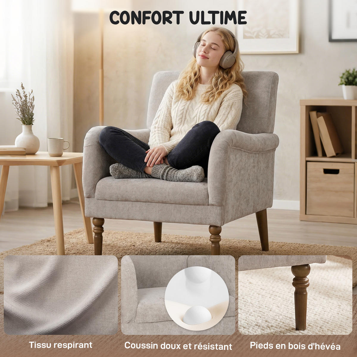SESSEL DE-13517 hohe Rückenlehne, Massivholzfüße Grau - Grau, Holz (70/88/75cm) - ComfortXL