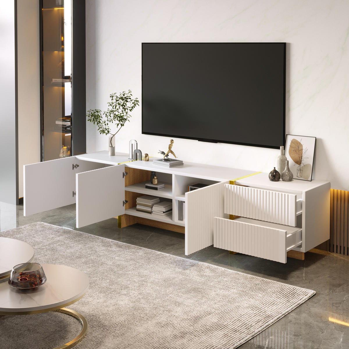TV-ELEMENT mit 3 Türen und 2 Schubladen 190 cm Weiß Gold - Weiß, Holzwerkstoff (35/45/190cm) - Beauniv