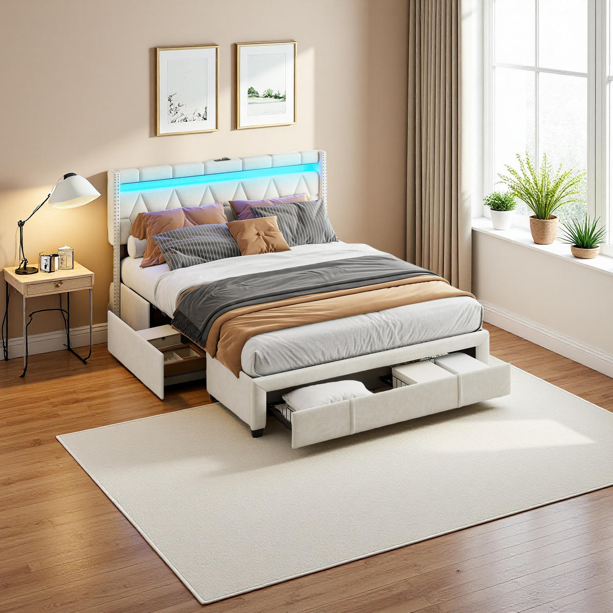 POLSTERBETT 160/200 cm Beige mit Schubladen und USB-Anschlüssen - Beige, Holz (160/200cm) - SHOPENTRA