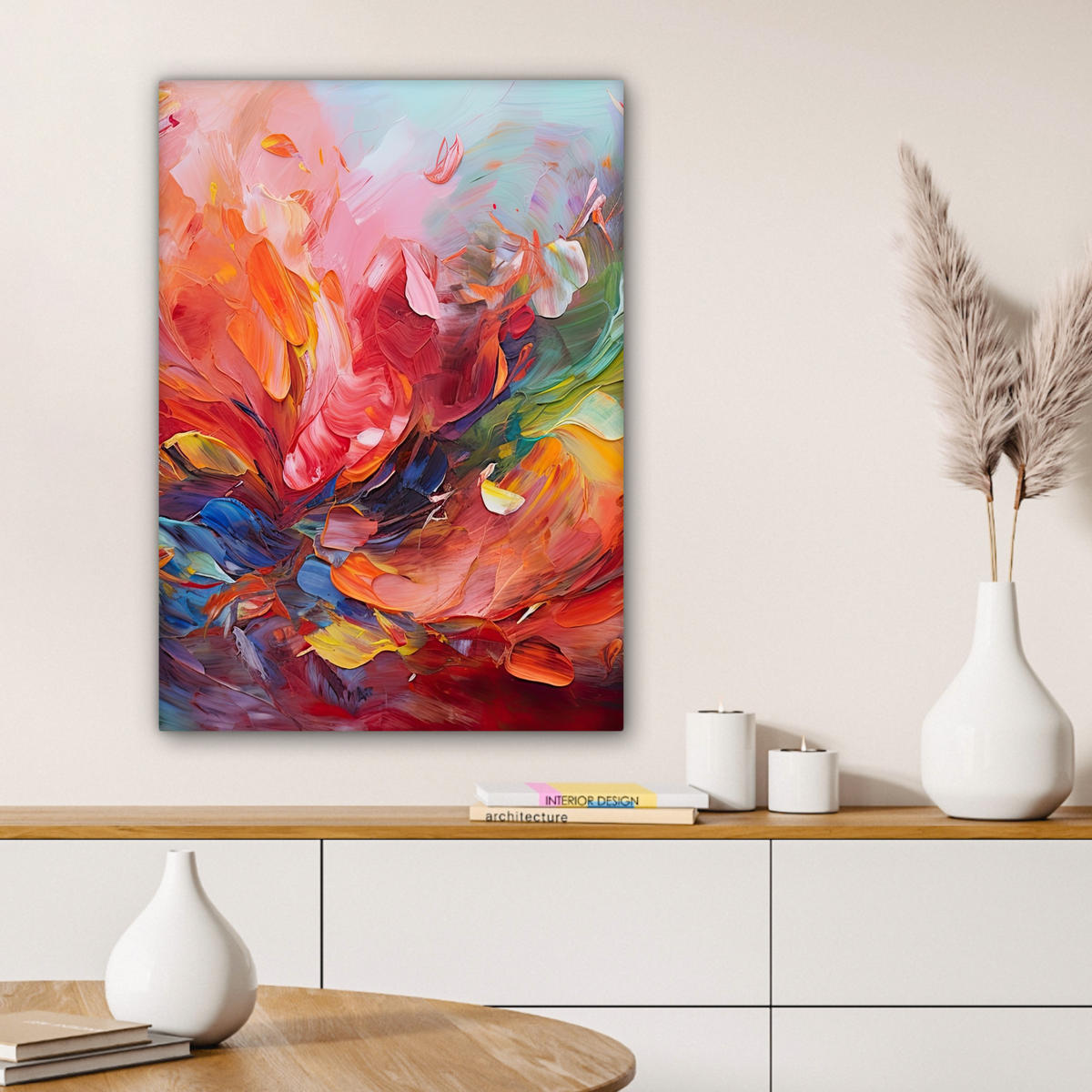 LEINWANDBILD Ölgemälde - Kunst - Abstrakt - Farbenfroh Wandbild Wohnzimmer 60x80 cm - Altrosa, Textil (60/80cm) - MuchoWow