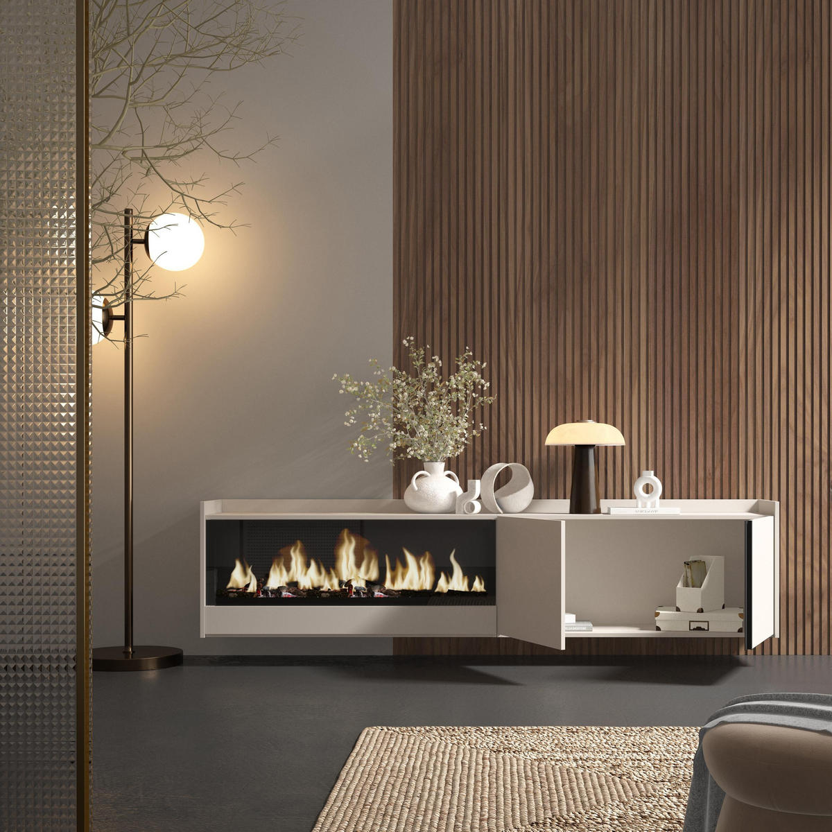 LOWBOARD, Beige, 212/35/50cm, Kamin mit Feuereffekt XXL - Beige, Holzwerkstoff (212/50/35cm) - Skraut Home