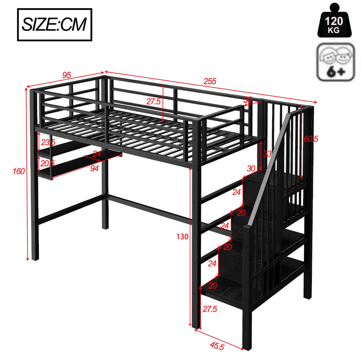HOCHBETT 90/200 cm, Schwarz mit Stauraumleiter und Einlegeböden ohne Matratze - Schwarz, Metall (90/200cm) - MIVRAY