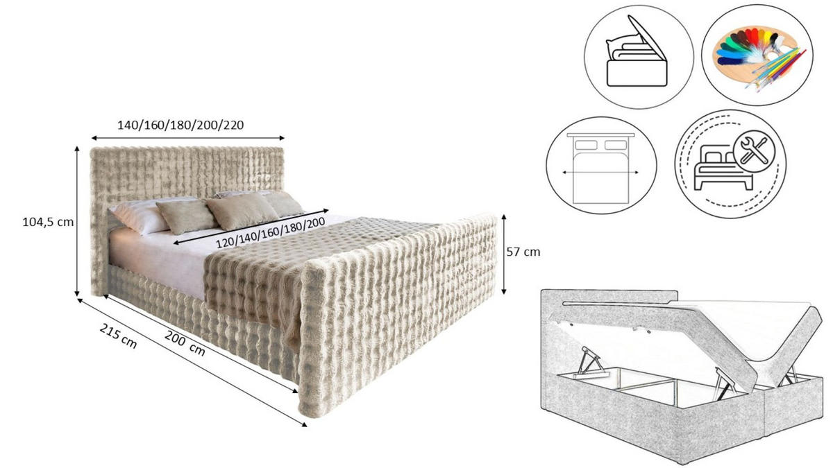 BOXBETT Mit Bettkasten, Matratze Und Topper BLANKET Stoff Bubble 140x200 cm Beige H2-Pocket - Beige, Holz/Textil (140/200cm) - Kaiser Möbel