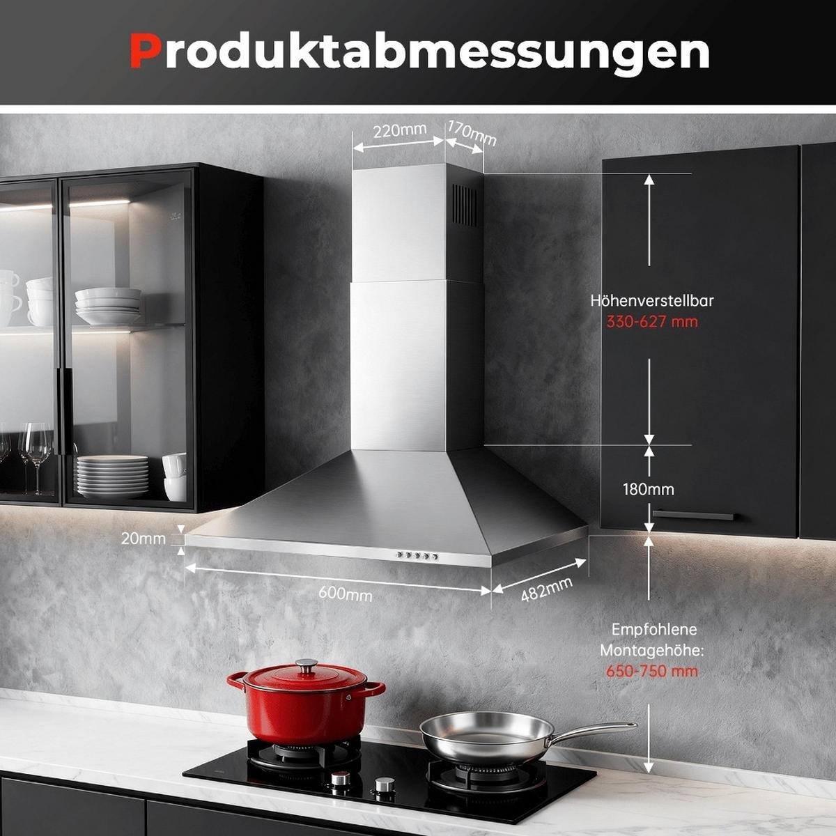 DUNSTABZUGSHAUBE EDELSTAHL Abluft Umluft LED-Beleuchtung 60 cm - Silberfarben, Metall (25.22/56.71/65.81cm) - Rolipo