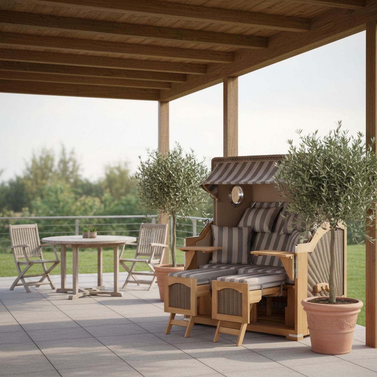 STRANDKORB Düne Grande Bullauge Teak PE Grey Dessin 537 - Braun/Grau, Metall (142/170/95cm) - Mr. Deko