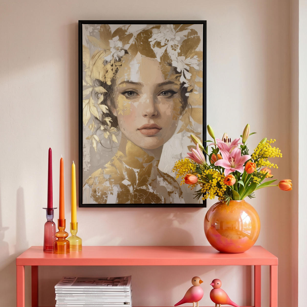LEINWAND Bilder mit Rahmen - Gesicht - Frau - Blätter - Gold - 40x60 - Beige, Textil (40/60cm) - MuchoWow