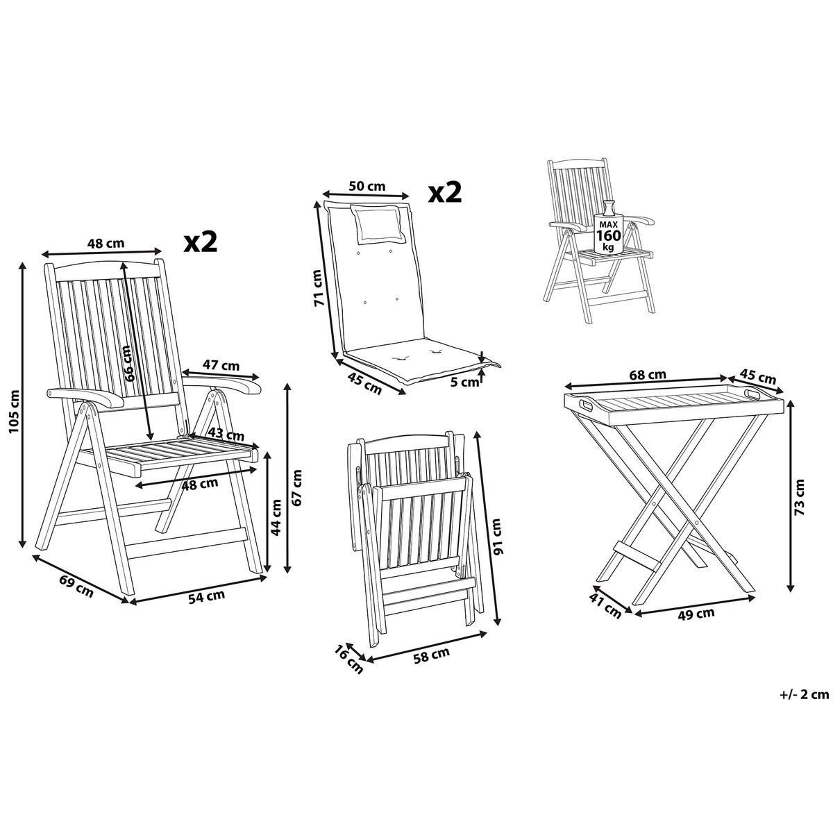 BALKONSET 2-Sitzer Akazienholz hellbraun verstellbar Auflagen graphitgrau Java - Hellbraun/Grau, Holz/Textil - Beliani