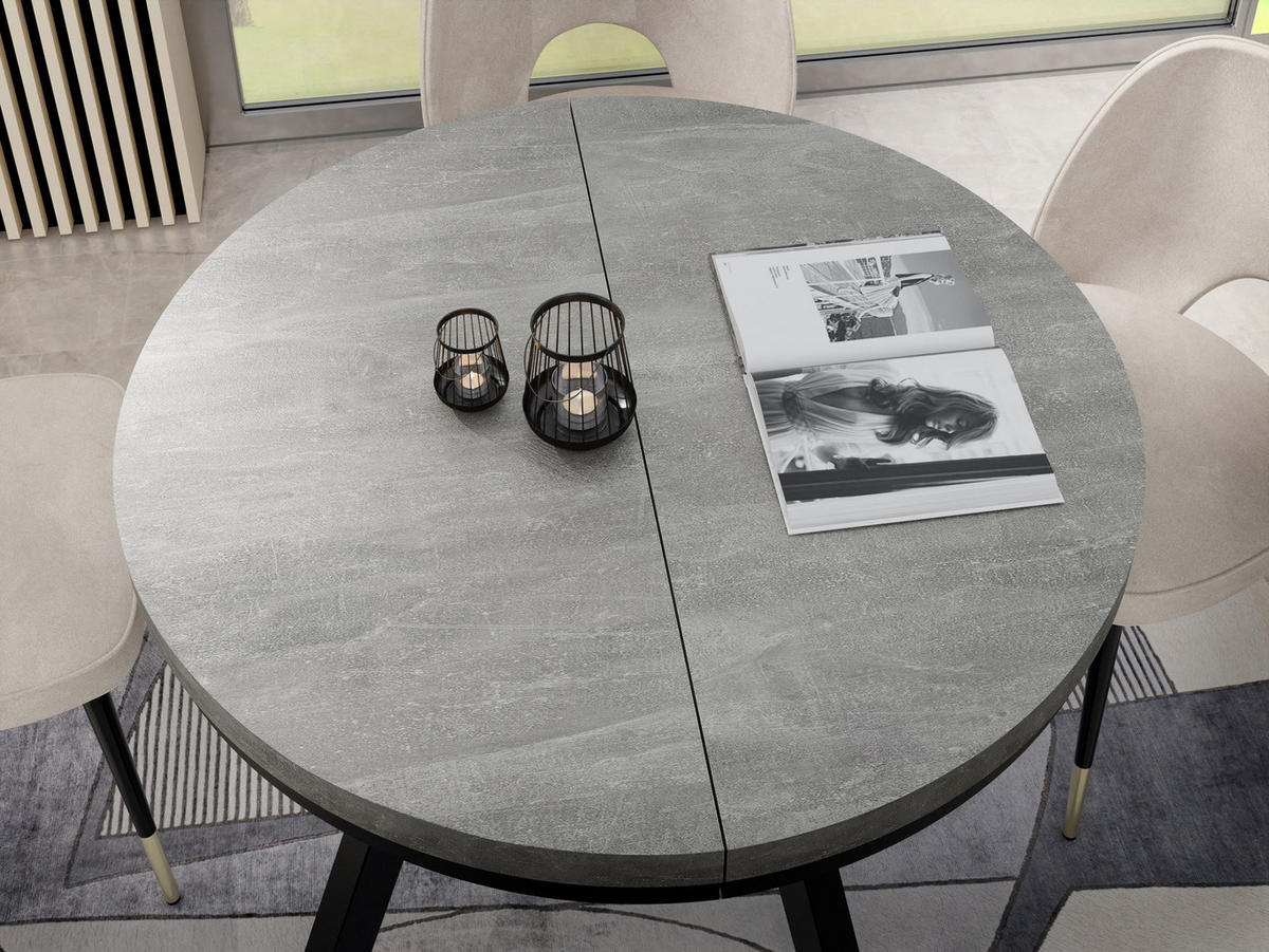 ESSTISCH Lume runder ausziehbarer, Grauer Beton 100-150/100/76 cm - Hellgrau/Schwarz, Holz/Holzwerkstoff (100/150/76cm) - WFL GROUP