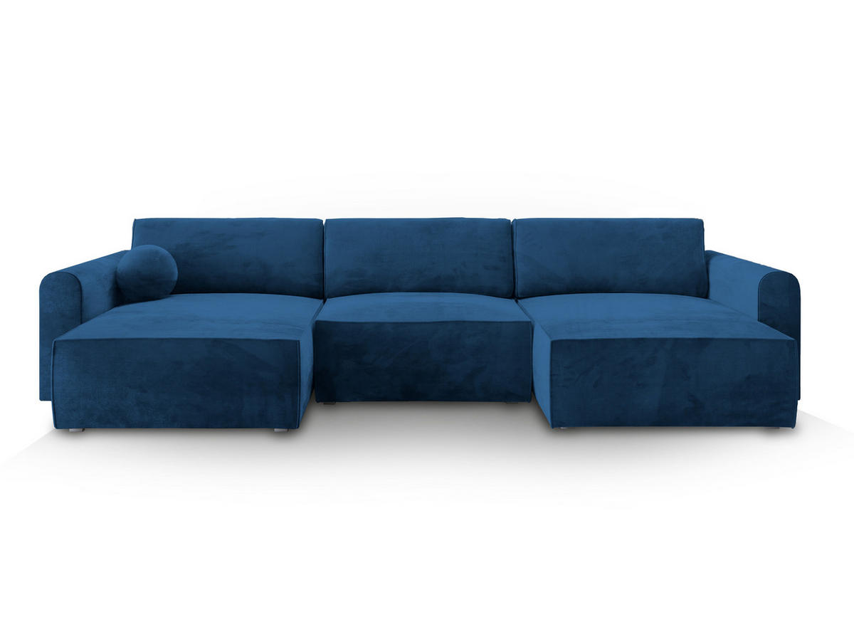 WOHNLANDSCHAFT FENTO M Blau Velours-Stoff mit Schlaffunktion - Blau, Holz (347/90/148cm) - MASSENO