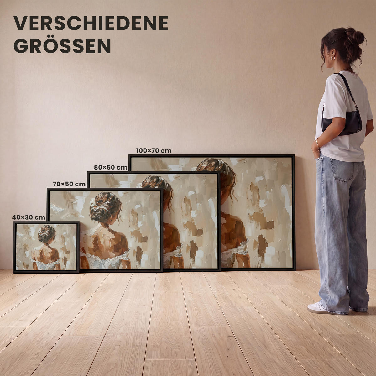 LEINWAND Bilder mit Rahmen - Frau - Farbe - Abstrakt - Beige - Modern - 100x70 - Sandfarben, Textil (100/70cm) - MuchoWow