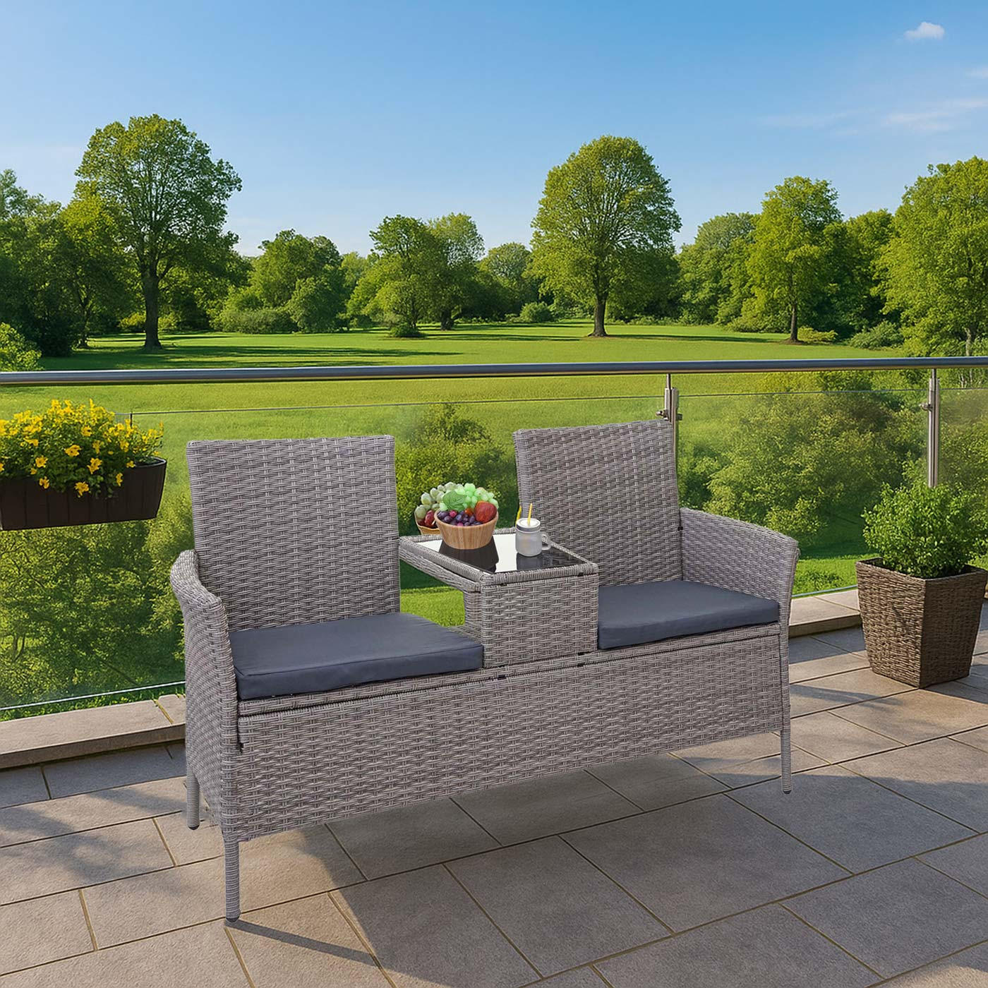 POLY-RATTAN SITZBANK MIT TISCH Hellgrau, Beige - Beige/Hellgrau, Kunststoff (132/84/55cm) - MCW