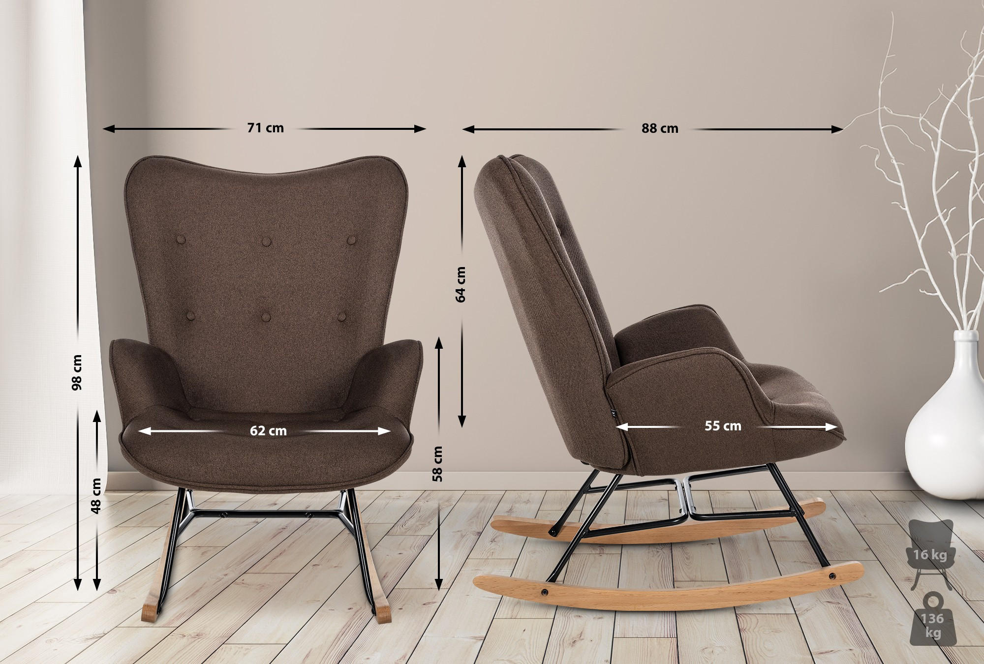 SCHAUKELSTUHL Stoff braun - Braun, Textil/Metall (71/98/88cm) - CLP