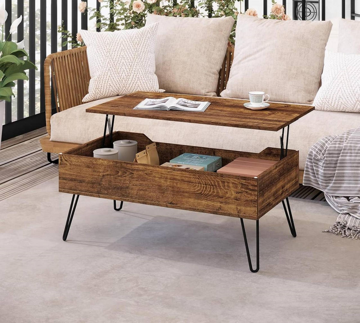 COUCHTISCH mit Stauraum, Metallbeine, Vintage-Holzoptik - Alteiche, Holzwerkstoff/Metall (50/95/40cm) - Woltu