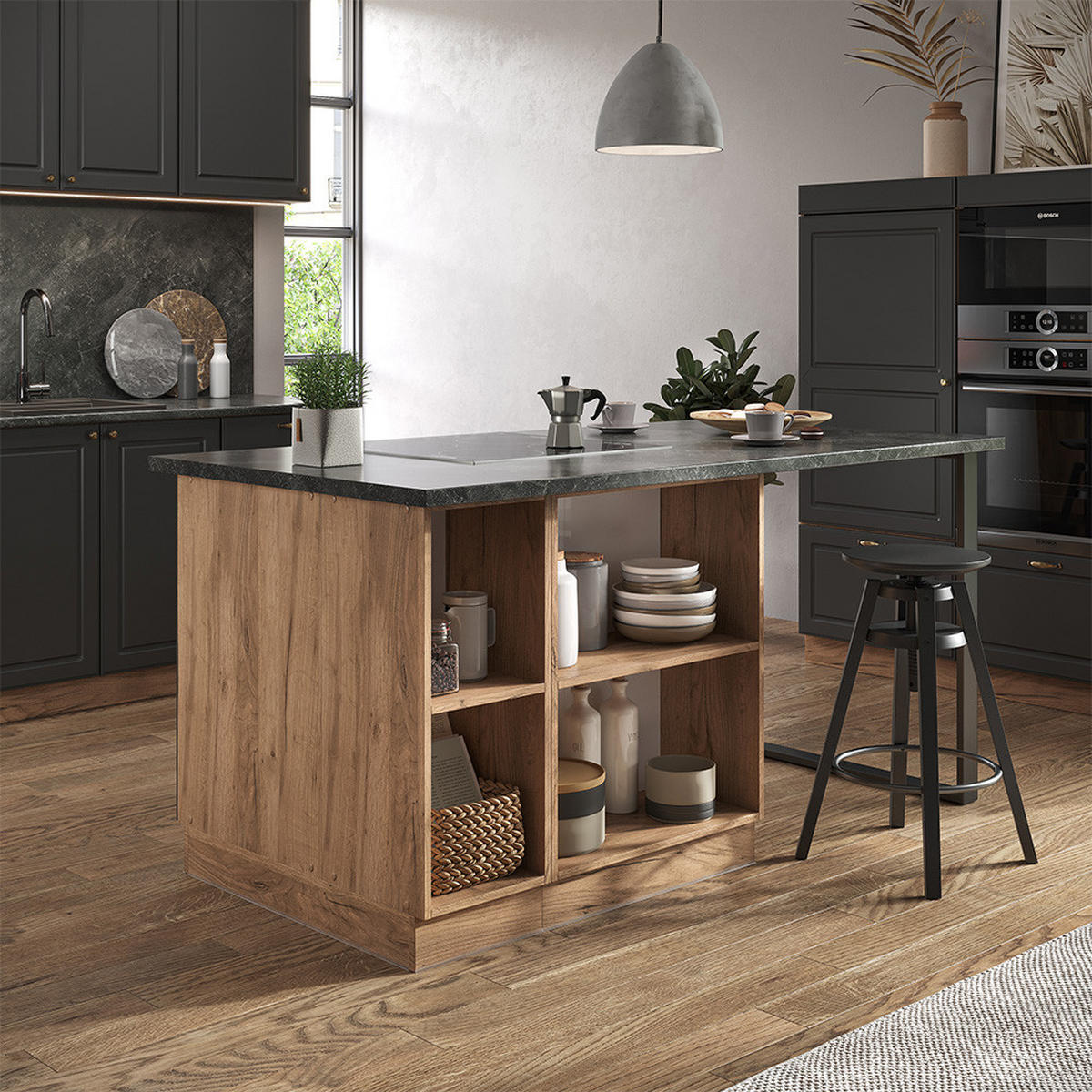 KÜCHENINSEL Fame-Line Anthrazit Landhaus/Goldkraft Eiche 90 cm ohne AP - Honigeiche/Anthrazit, Holzwerkstoff (90/82/60cm) - Vicco