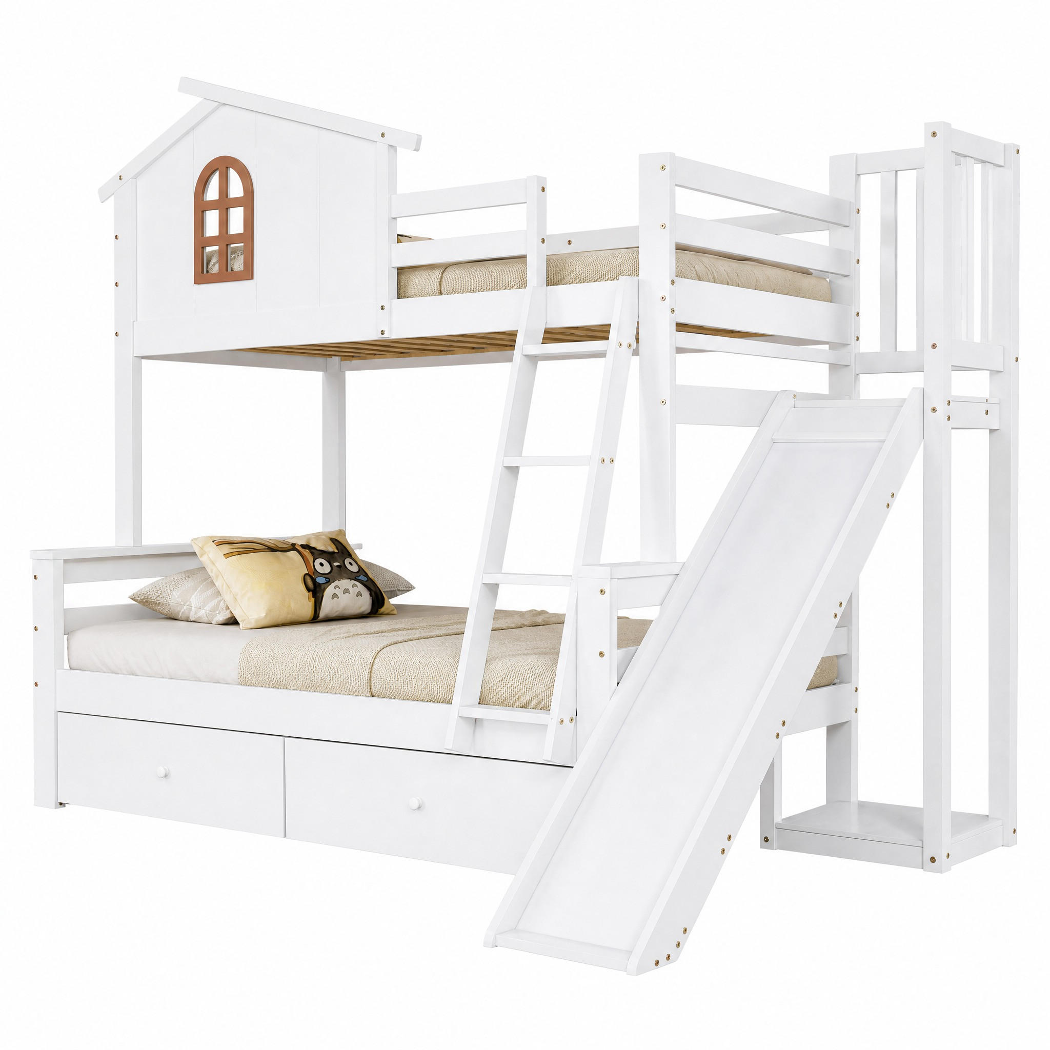 ETAGENBETT mit Rutsche und 2 Schubladen 90x200/120x200 cm Weiß - Weiß, Holz (90/200cm) - Meubliv