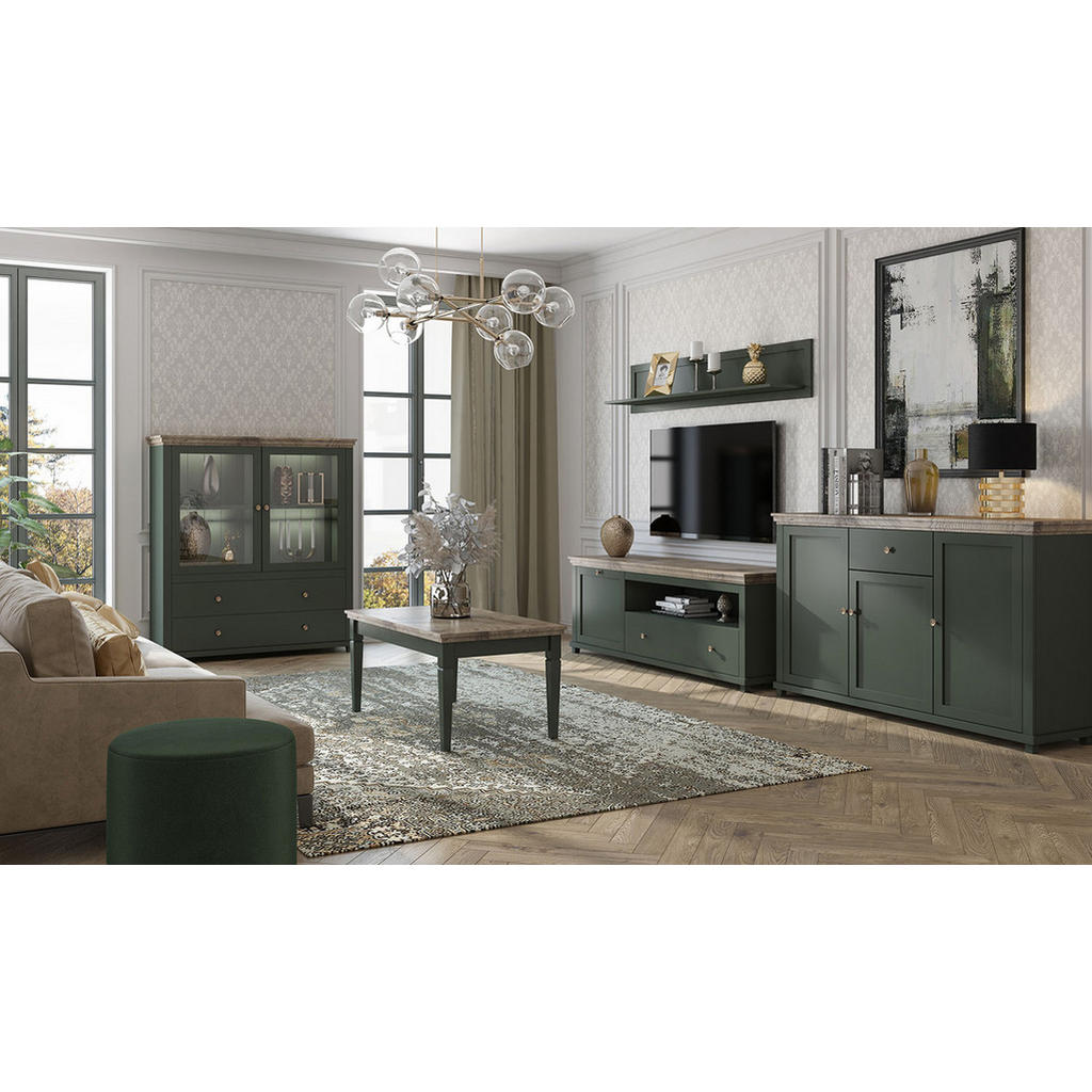 Thumbnail - Feldmann-Wohnen Wohnzimmer-Set, Grün, Holz, 6 Fächer, 4 Schubladen, Rechteckig, 754x138x50 cm, Wohnzimmer, Wohnwände, An...