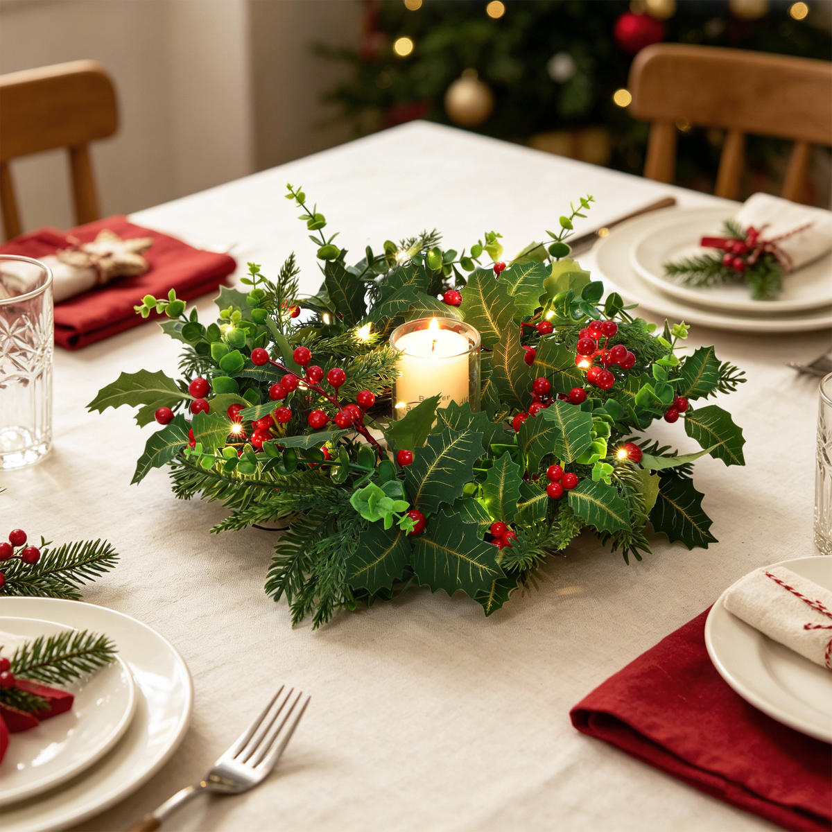 RUNDER LED-Weihnachtskranz Ø 40 cm mit roten Beeren, 30 LEDs, Timer - Dunkelgrün, Naturmaterialien (40cm) - Hometopia
