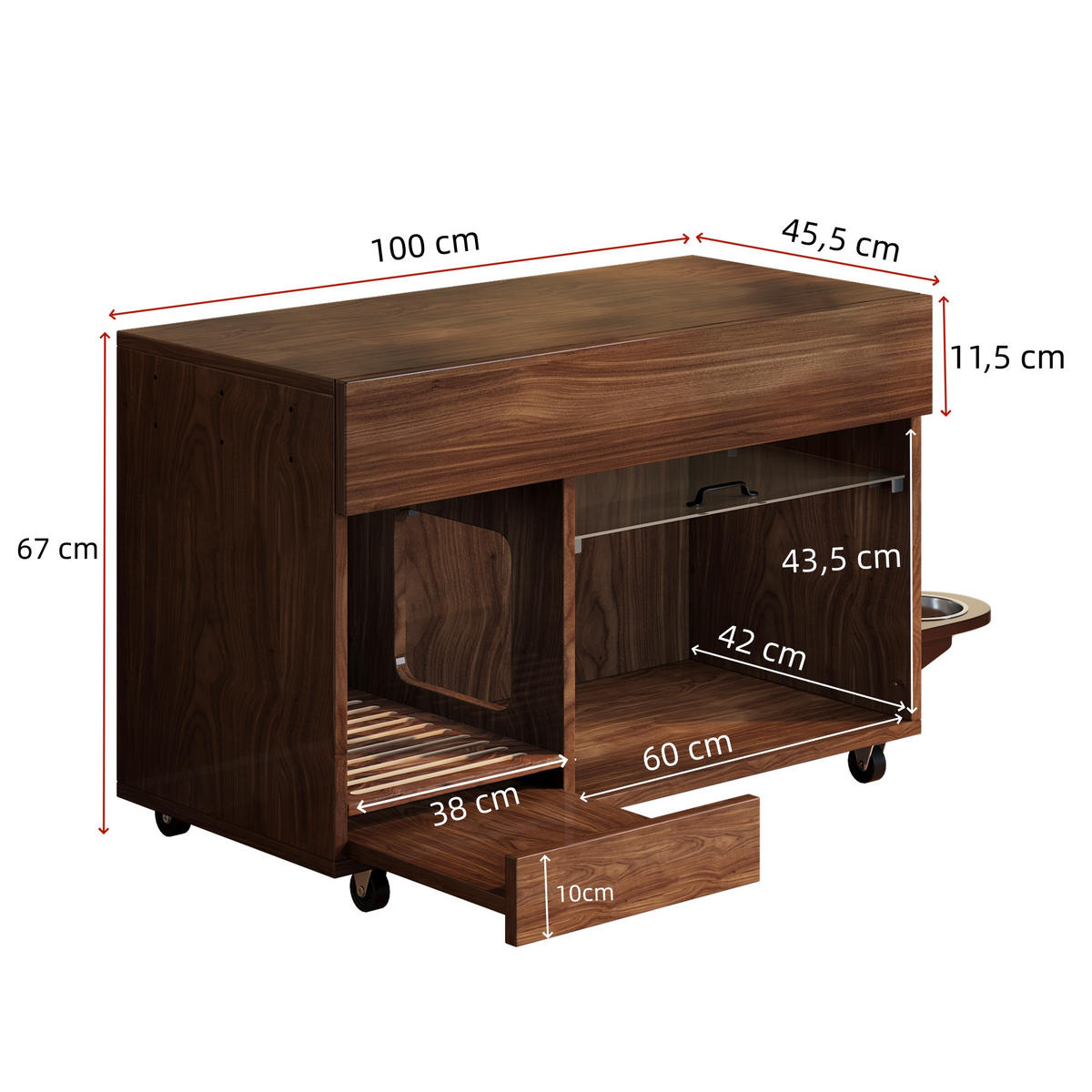 SIDEBOARD Nussbaumfarben aus MDF 100×45,5×67cm als Katzenkloschrank mit Sandablassschale und Futterschalen - Nussbaumfarben, Holzwerkstoff (45.5/67/100cm) - Luhomfu