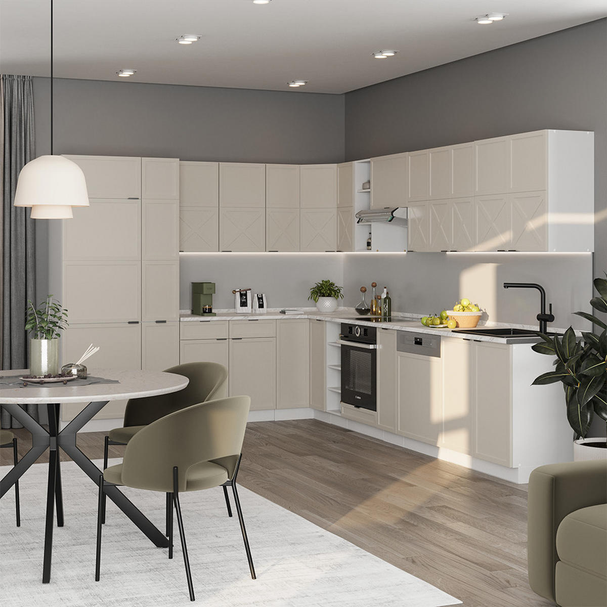 ECKKÜCHE Fame-Line GrauBeige/Weiß 347 x 257 cm, AP Marmor - Weiß/Grau, Holzwerkstoff (347/81.6/60cm) - Vicco