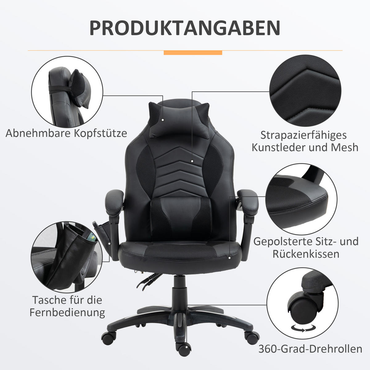 BÜROSTUHL Massagesessel, Schwarz - Schwarz, Leder (69/117/68cm) - HOMCOM
