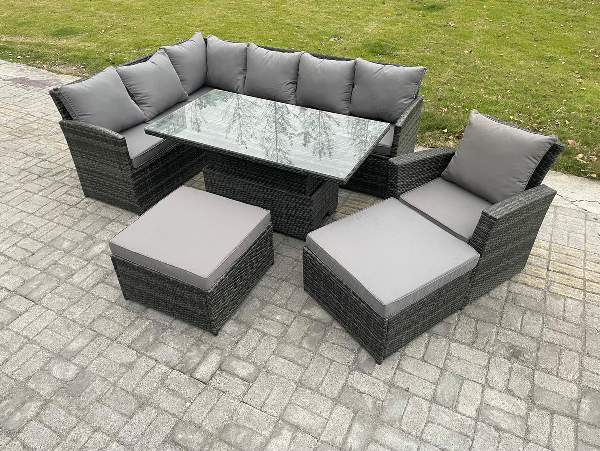 GARTENSET mit Höhenverstellbarer Tisch, 2 Fußhocker, Stuhl Polyrattan Dunkelgrau 9-Sitzer - Dunkelgrau/Grau, Glas/Kunststoff - Fimous