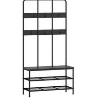 GARDEROBENSTÄNDER mit Sitzbank, 6 Haken, 2 Schuhregalen und Kippschutz, Schwarz - Schwarz, Metall (91/180/36cm) - Redom